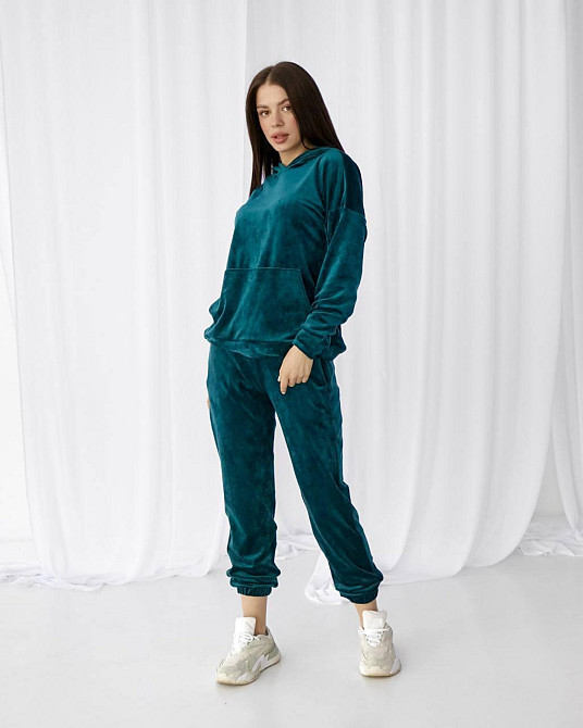 Жіночий велюровий костюм із капюшоном Смарагдовий M Харків - фото 2