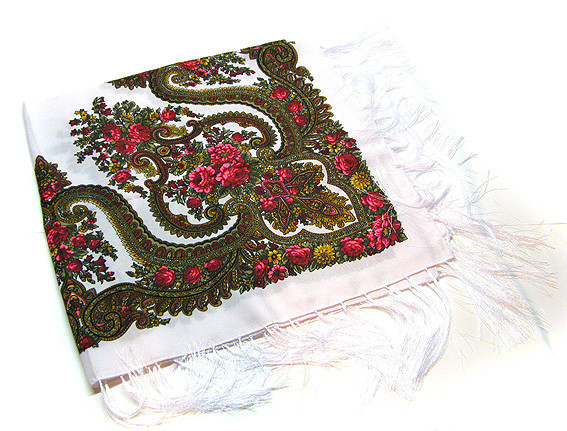 Платок женский белый с бахрамой Цветочный орнамент Киев - изображение 1