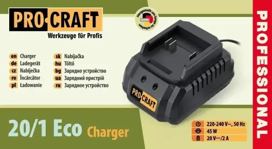 Зарядний пристрій для акумуляторів 20 в Li-Ion Procraft Charger 20/1 ECO,  Заряджання 20 В 2 А, Зарядні пристрої 20 В Львів