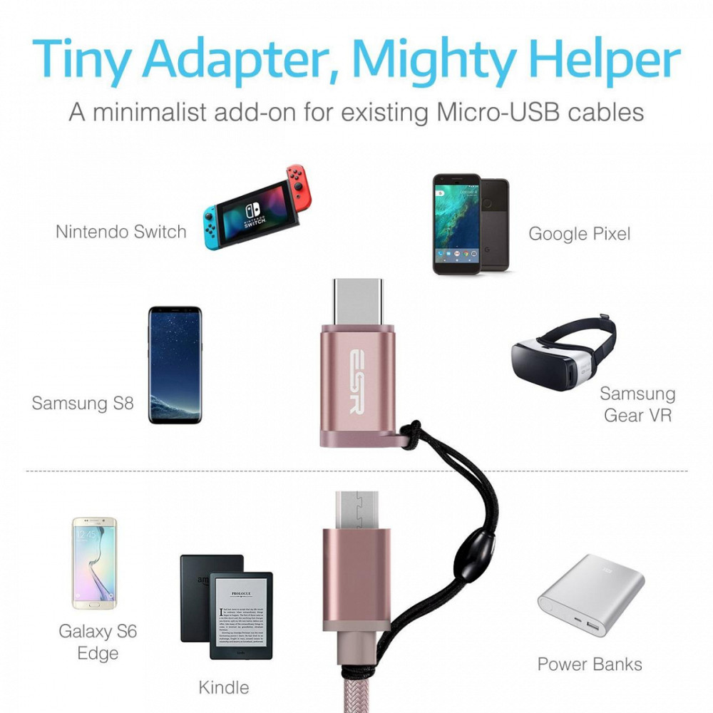 Перехідник Micro USB до USB-C ESR (Рожевий) Миколаїв - фото 7