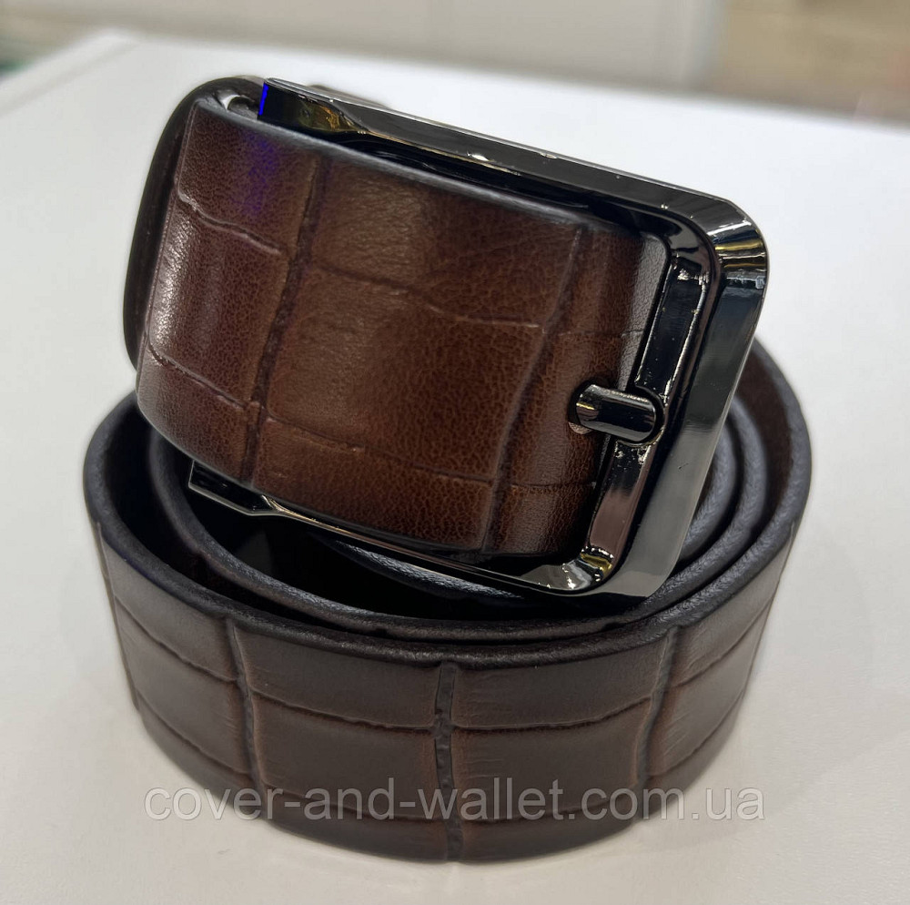 Коричневый мужской кожаный ремень с тиснением под крокодил 40 мм PS Leather Киев - изображение 6