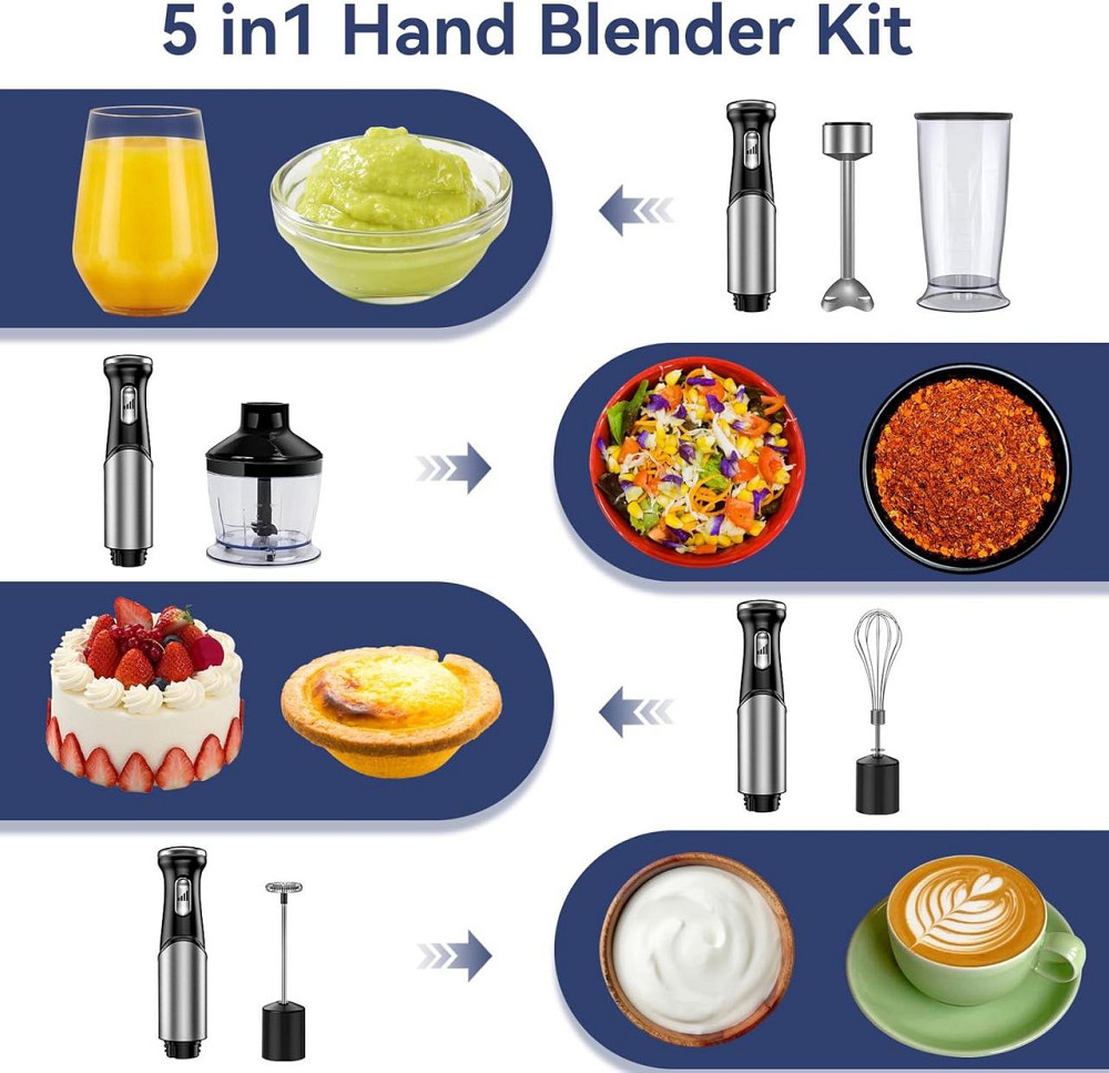 Ручной блендер UUOUU 5 в 1, 1200 Вт, из нержавеющей стали, для взбивания, смешивания и измельчения, 500 мл Киев - изображение 5