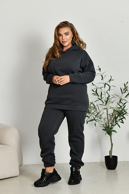Женский прогулочный костюм: худи и штаны батал в спортивном стиле трехнитка на флисе Графит, 52/54 Одесса - изображение 3