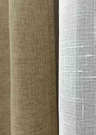 Комплект штор VR-Textil Льон Мішковина 100х270 2шт і Тюль 300х270 673ш-115т Капучино з білим 71-035/1 Київ