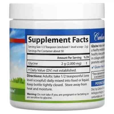 Амінокислота Carlson Гліцин у порошку, вільна форма амінокислоти, Glycine Powd (CAR-06835) Вінниця