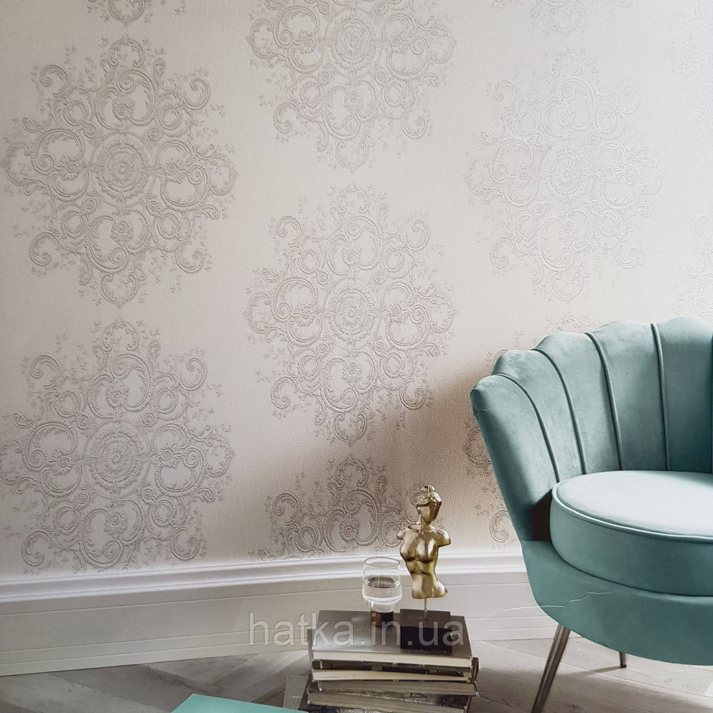 Шпалери метрові вінілові на флізелін дизайнерські Erismann Elle вензелі сріблясті структурних на білому Київ - фото 1