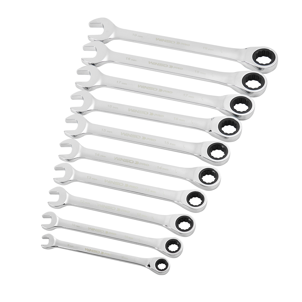 Набор комбинированных ключей с трещоткой WINSO PRO Cr-V, 10 шт (8–19 мм), в пластиковом держателе Киев - изображение 3