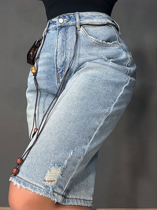 Шорти жіночі джинсові Liana 620 бермуди потерті з поясом і гаманцем великі розміри блакитні, блакитний, З6, 36, 102 см, 130 см Київ - фото 1