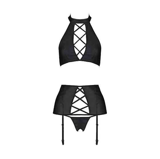 Комплект из экокожи Passion NANCY SET 4XL/5XL black, имитация шнуровки, топ, пояс для чулок Sex Aura Киев