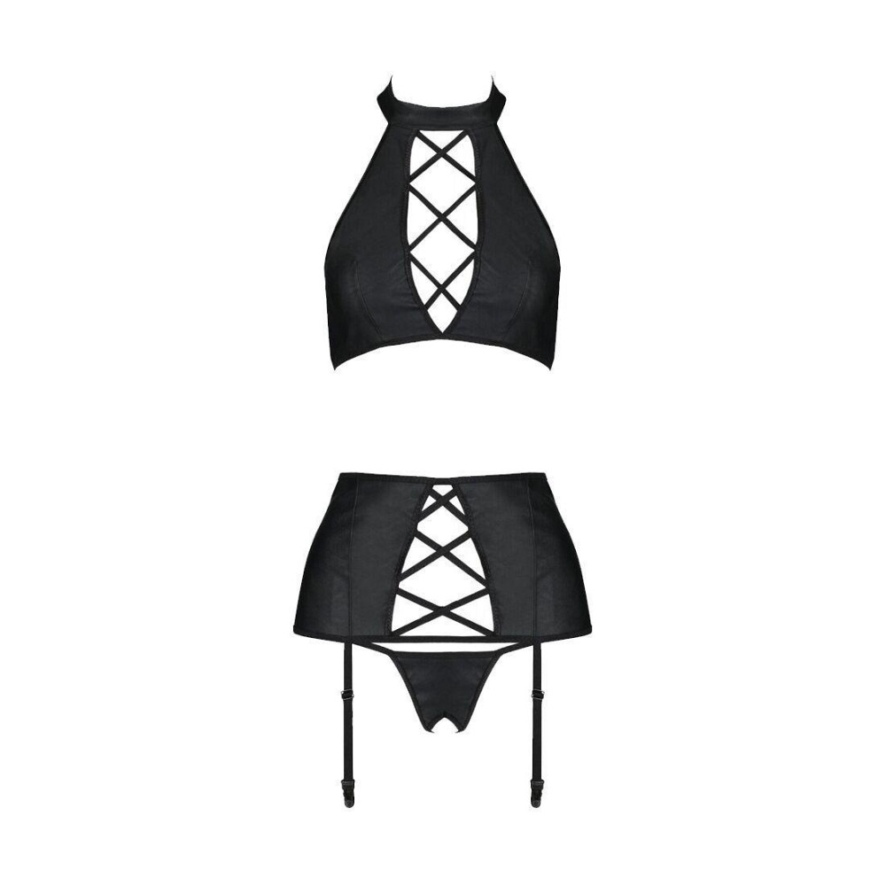 Комплект из экокожи Passion NANCY SET 4XL/5XL black, имитация шнуровки, топ, пояс для чулок Sex Aura Киев - изображение 3