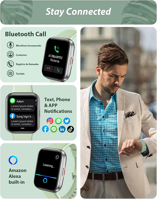 Смарт-годинник Tensky 1.7" з Alexa, Bluetooth дзвінки, 60 спорт-режимів, пульс, SpO2, водонепроникність IP68, зелений жіночий годи Київ - фото 9