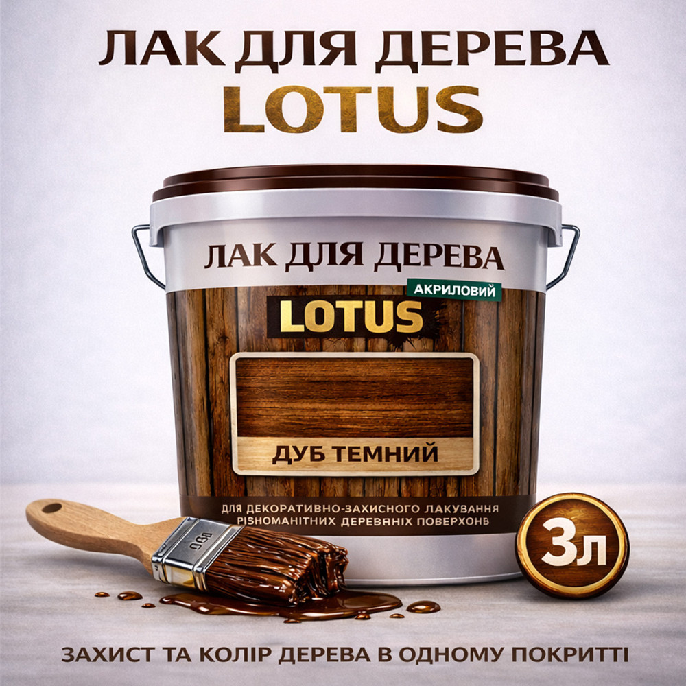 Лак для дерева кольоровий LOTUS Дуб темний, глянцевий, без запаху, зносостійкий, для внутрішніх та зовнішніх робіт, 3 л Харків - фото 1