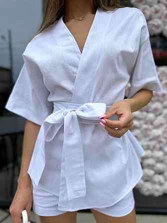 Жіночий лляний костюм Lotos (кімоно та шорти), білий Київ