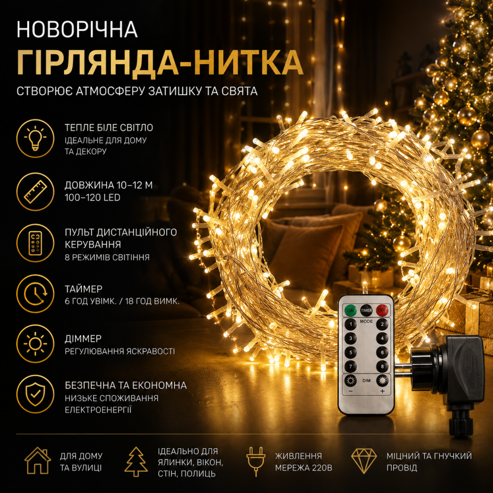 Новорічна гірлянда нитка 10-12 м, 100-120 LED: Тепле біле світло, 8 режимів, пульт ДК, таймер, діммер Київ - фото 9