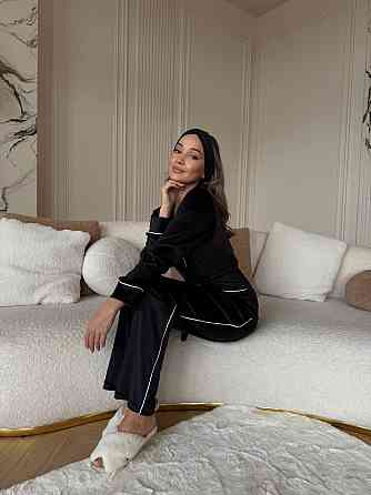 Жіноча затишна піжама: халат-кімоно, штани + пов'язка на голову велюр Одеса