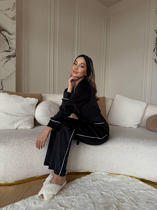 Жіноча затишна піжама: халат-кімоно, штани + пов'язка на голову велюр Одеса - фото 3