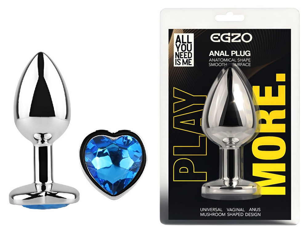 Анальна пробка з кристалом EGZO - Silver Heart Plug Blue size M Sex Aura Київ - фото 1