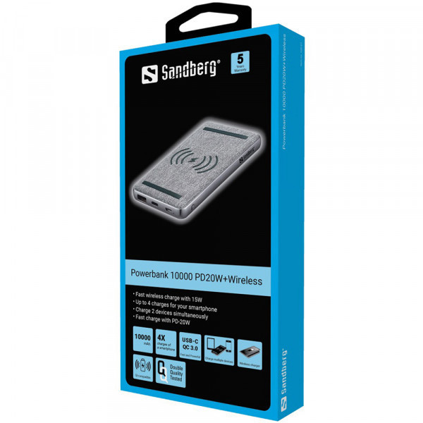 УМБ Sandberg PD 20W 10000 mAh, Wireless QI 15W, USB-A Type-C OUT (420-61_VW) Киев - изображение 2