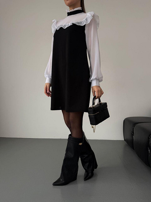 Женское сдержанное базовое платье с рюшами креп дайвинг + шифон Одесса - изображение 8