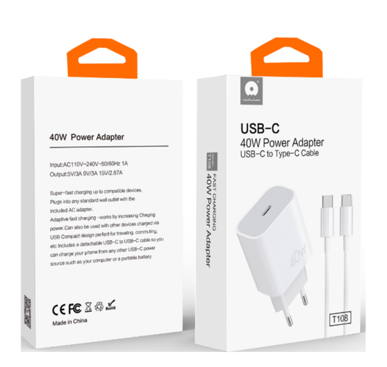 Мережевий зарядний пристрій з кабелем WUW-T108 PD 40W charger with C-C cable Одеса
