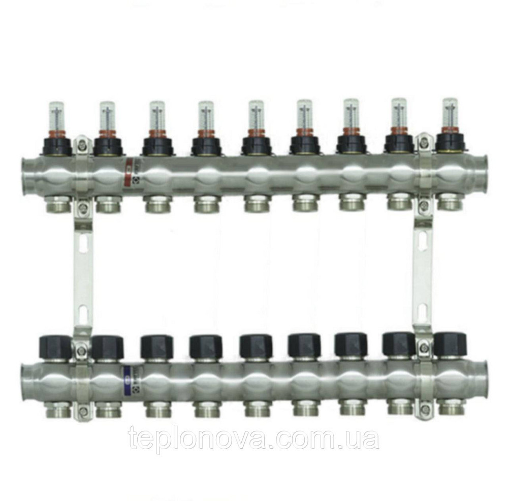 Колектор нержавійка на 9 пар виходів  "Raftec" RC-03 для Теплої Підлоги з розходомірами Чернівці - фото 1