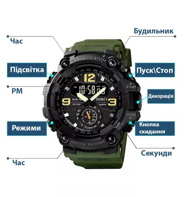 Мужские спортивные наручные часы Skmei 1637 водонепроницаемые (Зеленый) Винница - изображение 7