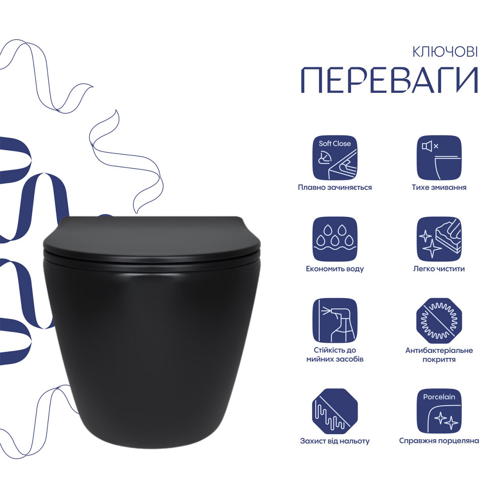 Унитаз подвесной Qtap Robin New Ultra Quiet с сиденьем с сиденьем Soft-Close MATT BLACK QT13332381АSMB Киев - изображение 3