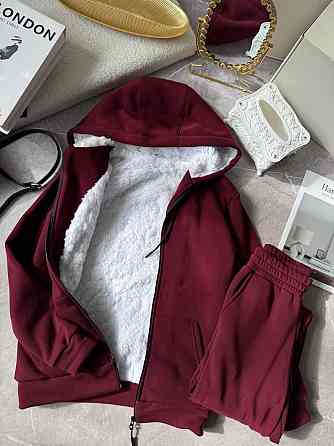 Жіночий теплий повсякденний костюм: худі + штани, тринитка на флісі + хутро Бордо, 46/48 Одеса