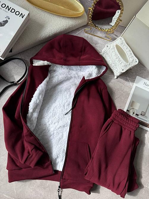 Жіночий теплий повсякденний костюм: худі + штани, тринитка на флісі + хутро Бордо, 46/48 Одеса - фото 6