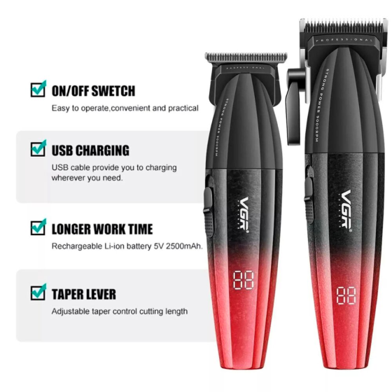 Набір для стрижки 2в1 VGR V-640 S2 Black/Red: машинка + T-тример, DLC-кераміка, 9000 об/хв, LED, USB, чорно-червоний Одеса