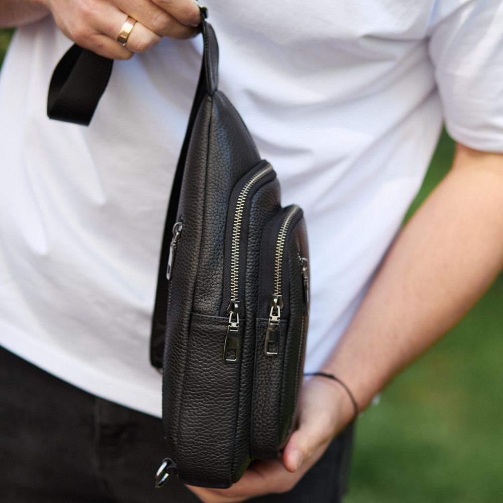 Чорна чоловіча сумка слінг з натуральної шкіри TIDING BAG Київ - фото 7