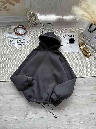 Жіноча стильна тепла худі з фіксаторами суцільна турська тринитка на флісі Графіт Одеса