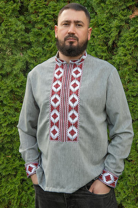 Вышиванка мужская, льняная, с длинным рукавом, серая лен  , топ 46 Киев - изображение 1