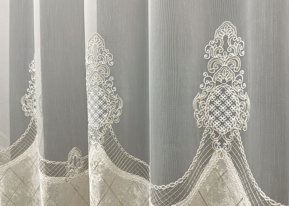 Тюль VR-Textil 1815т Бамбук с вышивкой и бархатом Молочный  300х270 см (40-111) Киев - изображение 5