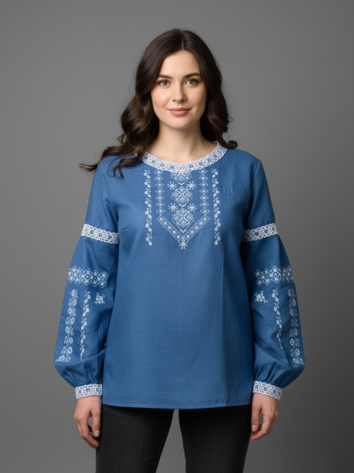 Жіноча натуральна вишиванка на домотканному блакитному полотні та квітковими рукавами 44 Київ - фото 1