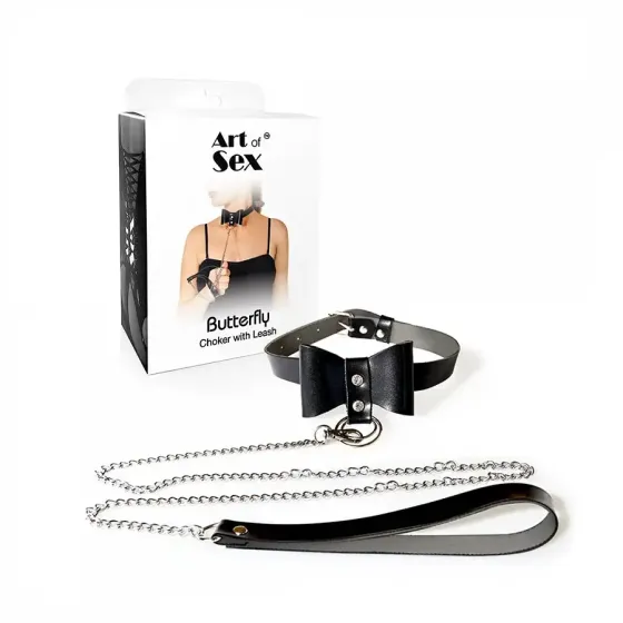 Чокер з повідцем Art of Sex - Butterfly чорний, екошкіра Львів