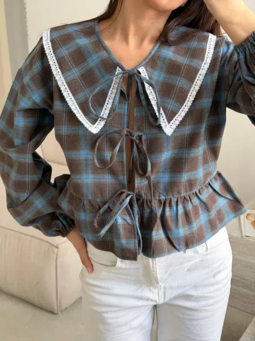 Стильна жіноча картата сорочка з мереживом Одеса - фото 18