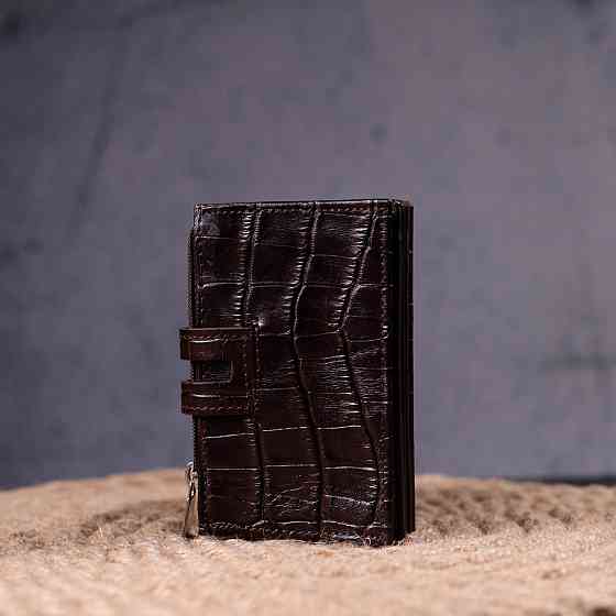 Оригинальный картхолдер из натуральной кожи с тиснением под крокодила Коричневый (KARYA) Киев