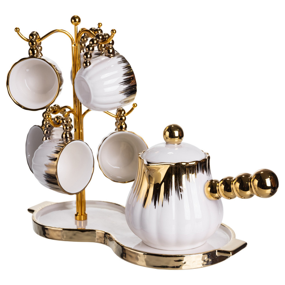 Кофейный сервиз на подставке с кофейником 450 (мл) 6 чашек по 90 (мл) подарочный набор чашек на подставке Белый с золотом FM-JJ-5 Киев - изображение 3