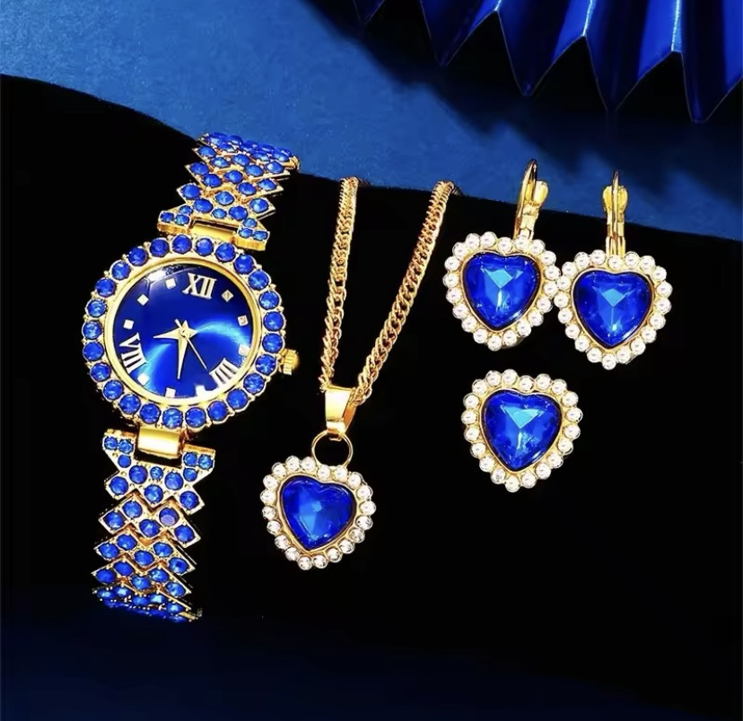 Подарочный набор для женщин Сердце наручные часы кольцо ожерелье и серьги без подарочной коробки синий Киев - изображение 4