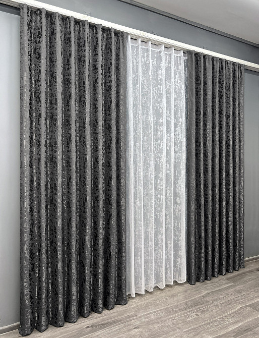 Комплект штор VR-Textil Льон Мармур 100х270 2шт і Тюль 300х270 1267ш-1400т Сіро-коричневий з білим 71-140/1 Київ - фото 3