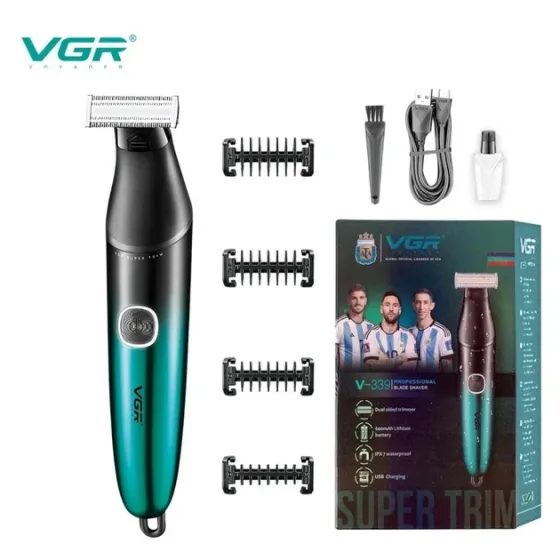 Бритва-тример для бороди та вусів VGR V-339 Green: водонепроникна IPX7, 4 насадки, USB, акумуляторна, зелена Одеса