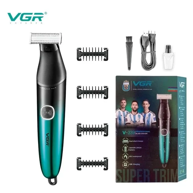 Бритва-тример для бороди та вусів VGR V-339 Green: водонепроникна IPX7, 4 насадки, USB, акумуляторна, зелена Одеса - фото 1