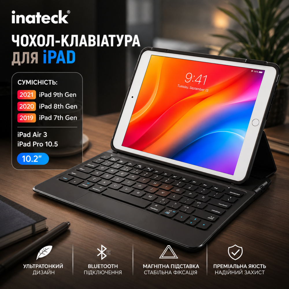 Чохол-клавіатура Inateck для iPad 10.2 7/8/9 покоління, iPad Air 3, iPad Pro 10.5, Bluetooth, ультратонкий, чорний Київ - фото 2