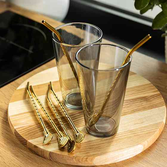 Набір багаторазових ложок-трубочок 6 шт для напоїв 19,5 см з щіткою Золотистий HP-20-56 Коломыя