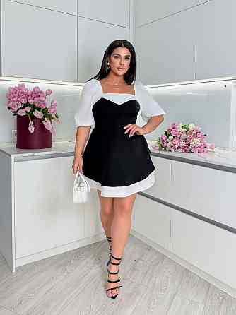 Женское стильное комбинированное мини платье с квадратным вырезом костюмка + 100% белый коттон Черный, 46/48 Одесса