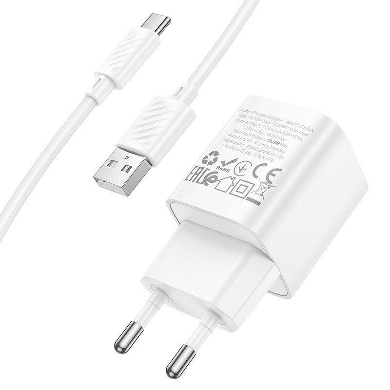 Мережевий зарядний пристрій з кабелем HOCO C145A Charm single port QC3.0 charger set(Type-C) White Одеса - фото 7