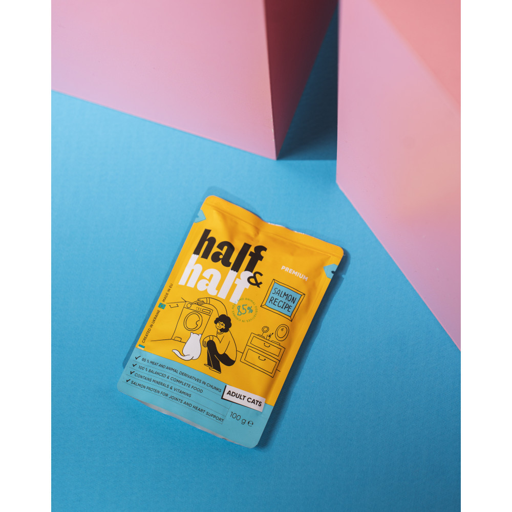 Корм влажный Half&Half для взрослых кошек, кусочки с лососем в желе в форме пауча, 100 г Винница - изображение 3