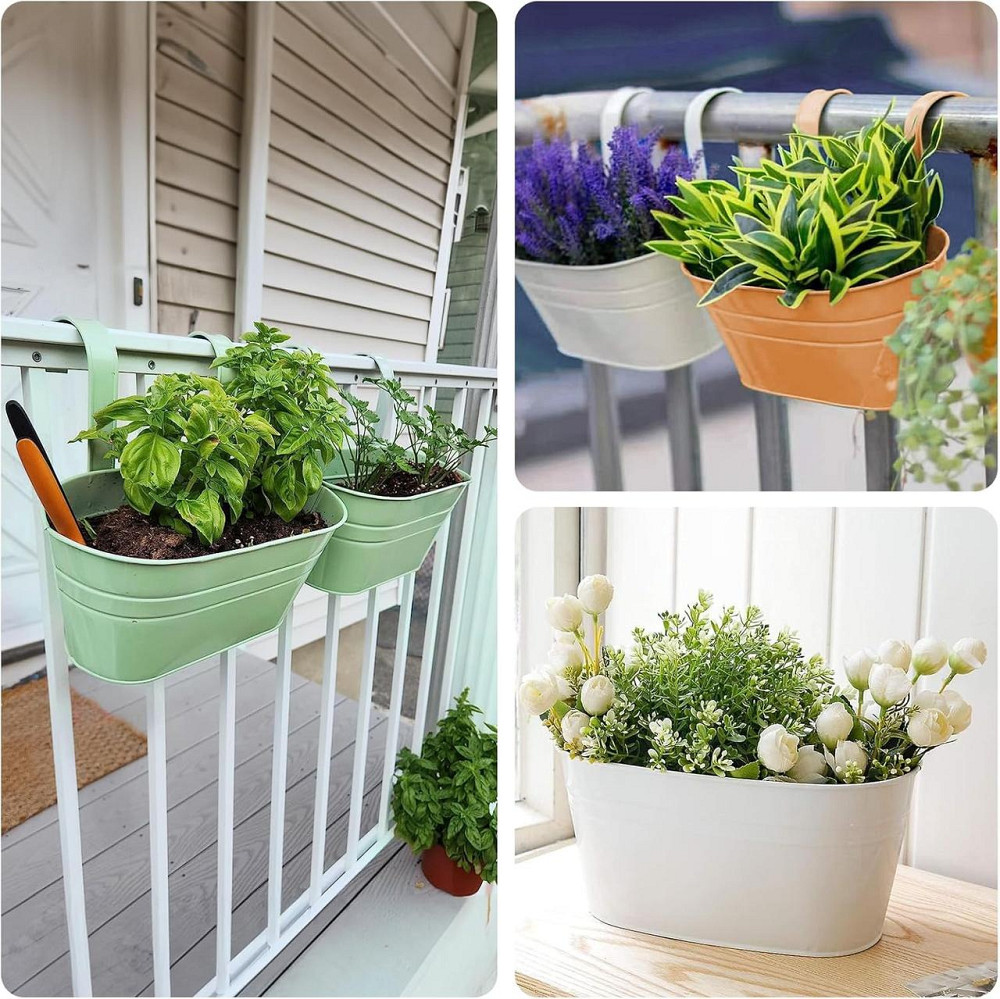 Підвісні кашпо металеві комплект 4 шт, кольоровий квітковий горщик великий з гачком і дренажем для балкону вікон перил двору Київ - фото 4