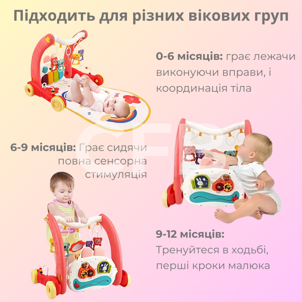 Дитячий розвиваючий килимок ходунки 2в1 коврик для немовлят музичне піаніно, каталка, світловий проектор, бізіборд Рожевий Київ - фото 2